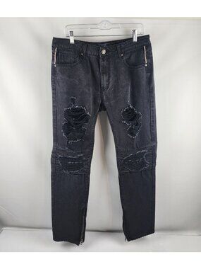 Damati Jeans Mens 34x31 Upscale Black Biker Distressed Ankle Zip Los Angeles USA